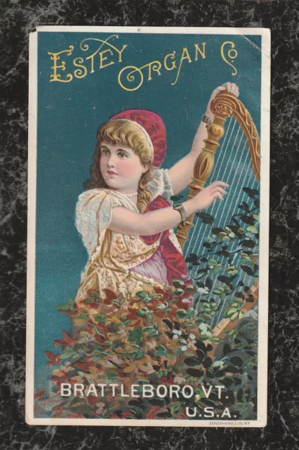 Victorian Trade Card Girl Plays Harp Estey Organ Co Brattleboro VT 5 x 3