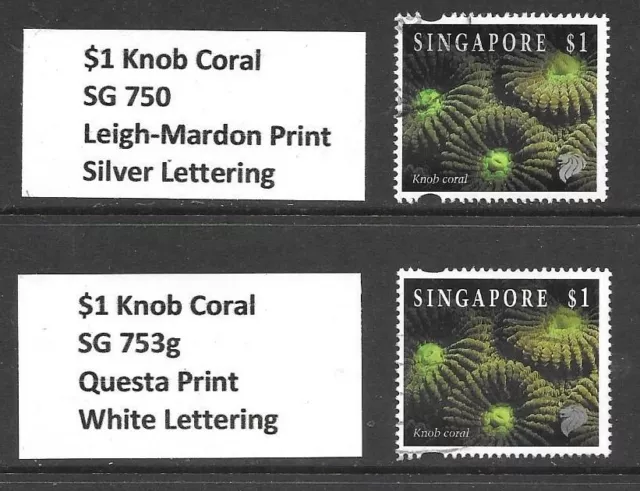 SINGAPORE 1994 REEF LIFE - THE 2 PRINTINGS OF USED  $1 KNOB CORAL (SG 750/753g)