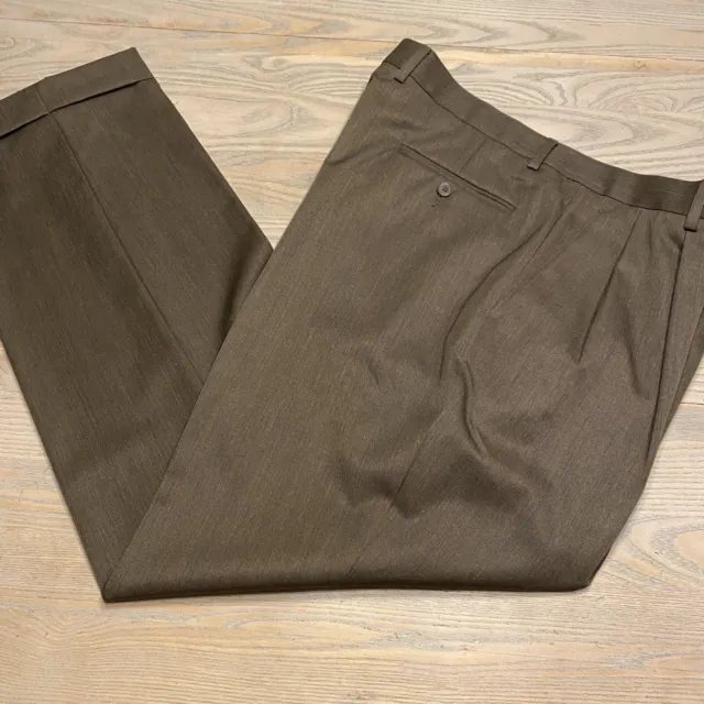 Alan Flusser Brown Dress Pants Mens 40x32 Polyester Wool Blend Pleated Cuffed