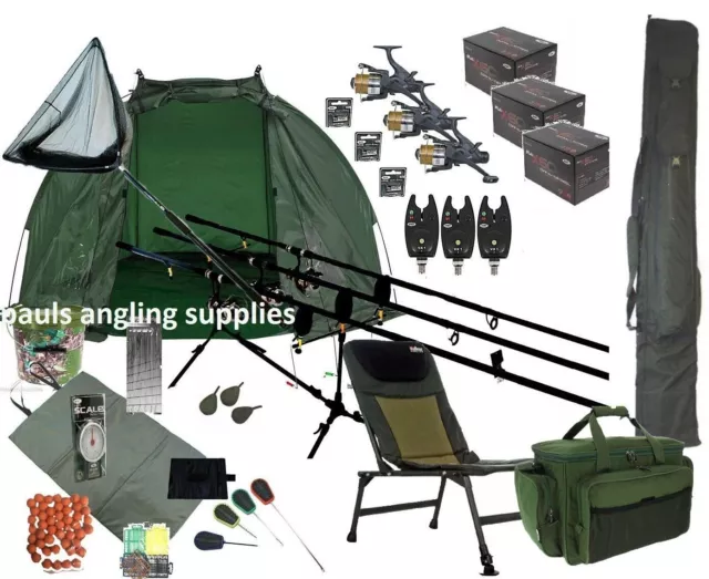 Carp Fishing Set Up 3 Rod Mega  Kit Rods Reels Chair Rod Bag Tackle Mat  P16 ✅✅