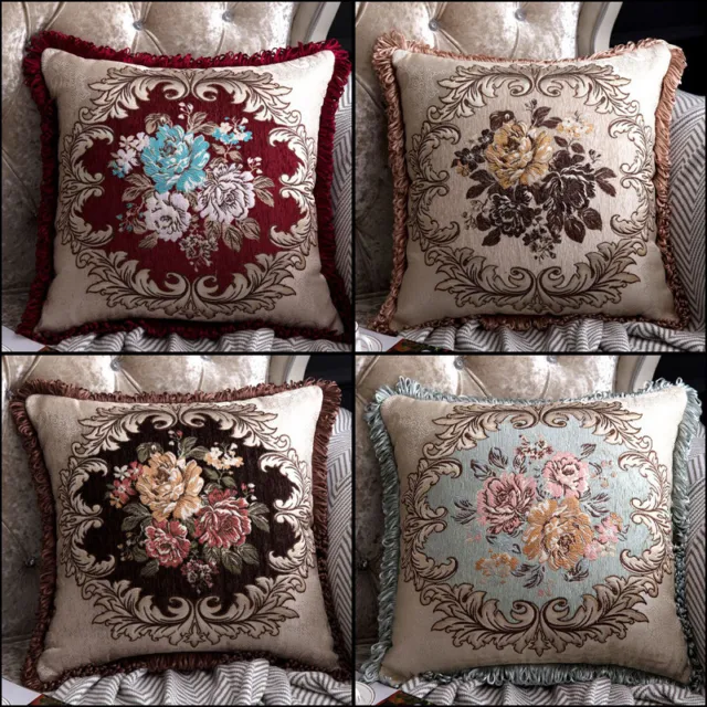 Embroidery Floral Sofa Cushion Cover Square European Style Tassel Pillow Case