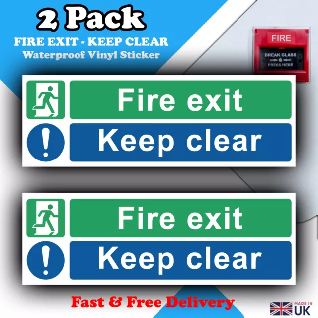 FIRE EXIT KEEP CLEAR - Sticker Sign [Pack of 2] - 300mm X 100mm, Fire Door Sign