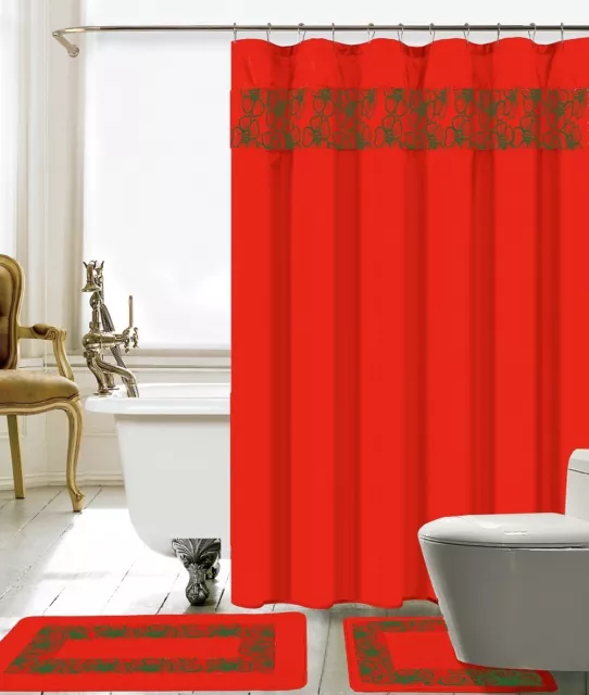 15 Piece Lilian Embroidery Banded Shower Curtain Bath Set (Red)