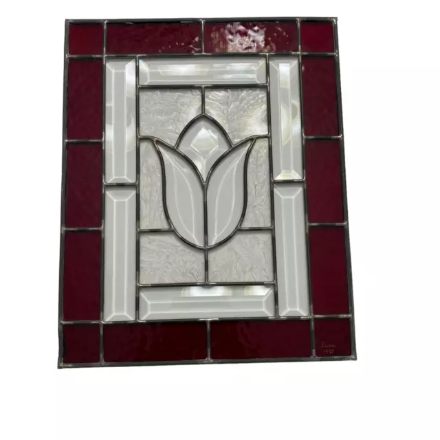 Vintage Tulip Stained Glass Panel Beveled and Etched Maroon Border