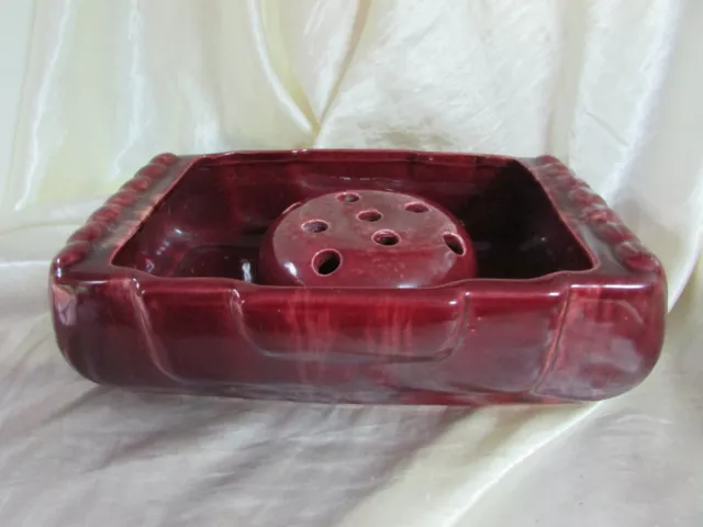 Vintage Art Deco Diana Pottery Drip Glaze Burgundy Trough & Frog Vase