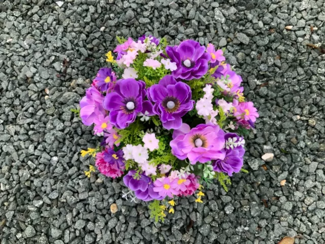 Artificial  purple anemone flower  arrangement in grave/memorial/crem pot