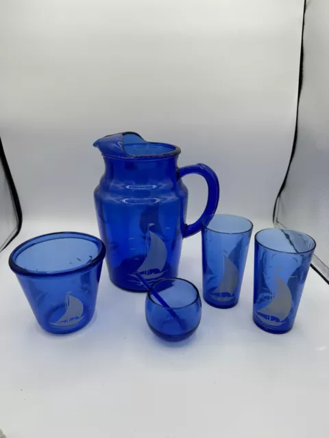 HAZEL ATLAS Cobalt Blue w Sailboats 2 Cocktail Glasses-Pitcher & More