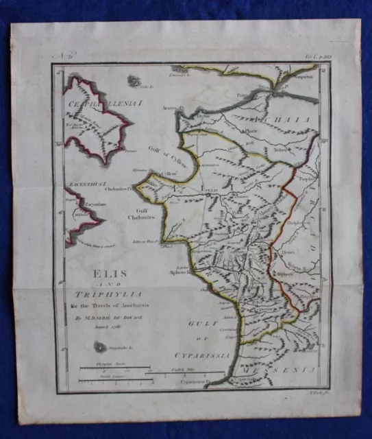 Original antique map ANCIENT GREECE, ELIS & TRIPHYLIA, Barbie de Bocage, 1796