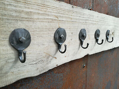 5pc+ Screw Set Iron Round Wall Hooks Blacksmith Coat Kitchen Rustic Handmade