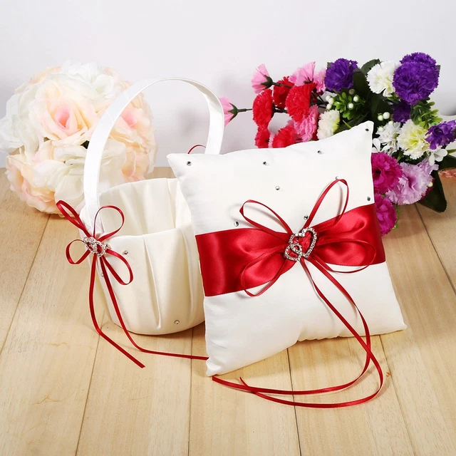 (rouge)(1 Panier + 1 Oreiller) Ensemble Oreiller De Porteur 'anneau En Satin