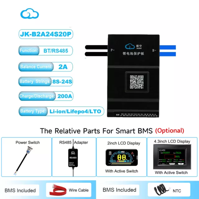 JK Smart BMS 8S-24S 200A Li-ion LiFePo4 Akku w/2A active Balance BT/RS458/LCD