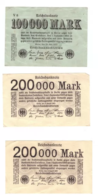 3 Stück Geldscheine Reichsbanknote --100000 und 200000 Mark--