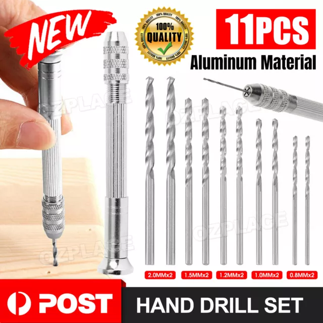 11PCS Mini hand drill Vise Hand Bits Twist Woodworking Set Precision Pin AU