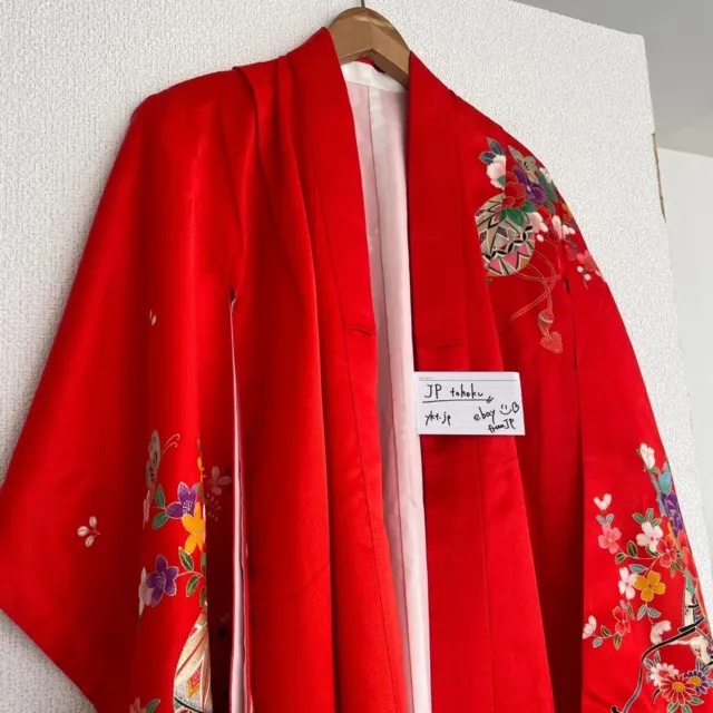 Japanese Kimono Silk Furisode Vintage Traditional flower pattern red