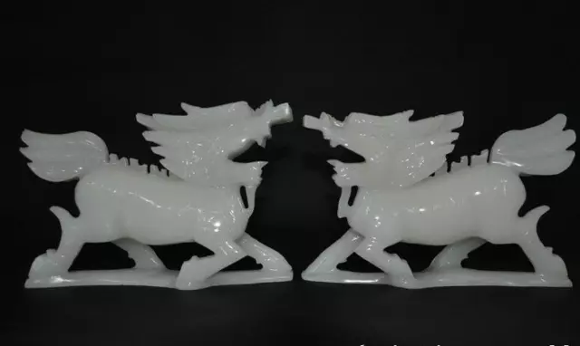 Exquisite Chinese Natural 100% White jade stone Hand carving QIlin Beast Statue