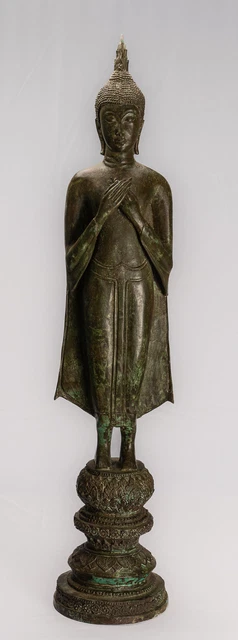Ancien Thai Style Ayutthaya Debout Bronze Pensif Statue de Bouddha - 98cm/39 "