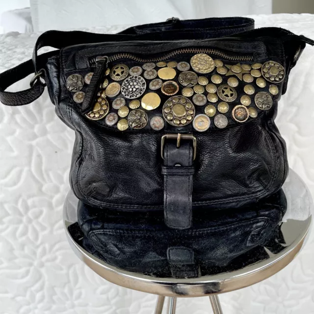 Womens Black Leather Boho Bag Rare Vintage Karma Of Charme Bag Handmade In Italy