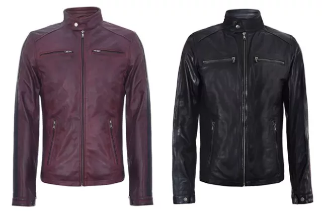 Hommes Bordeaux, Noir Veste Cuir Vintage Rétro de Course Fermeture Éclair Motard