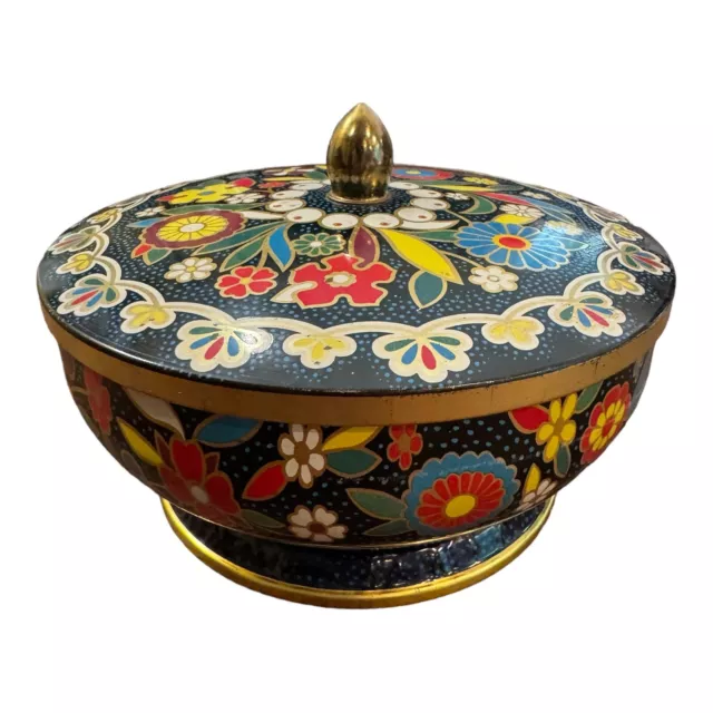 Daher Floral Tin With Lid Vintage Multi Color England Footed Metal Container