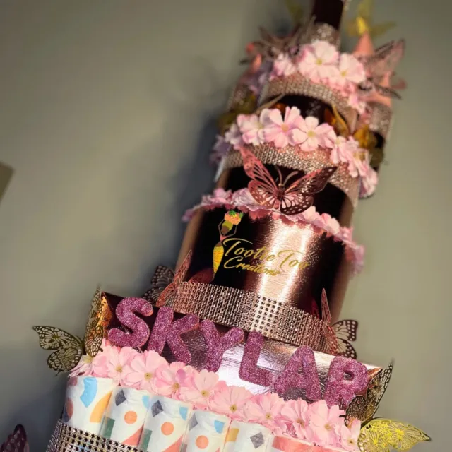 Rose Gold Pink Butterfly Castle Diaper Cake