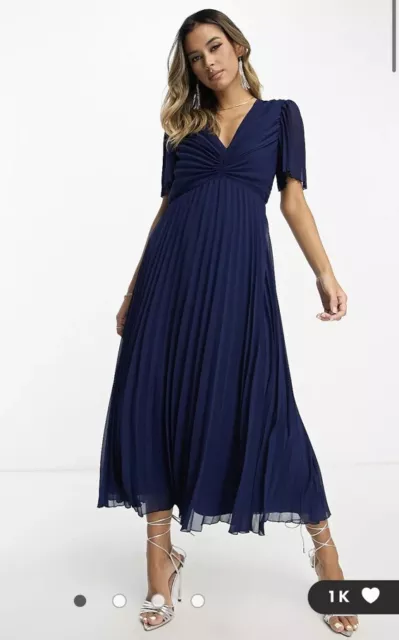 ASOS DESIGN Pleated Bodice Flutter Sleeve Pleat Midi Dress V Neck Navy Women 4