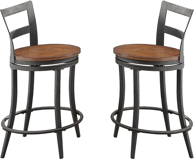 Benjara Wood & Metal Counter Height Swivel Chair Set of 2 Gray Brown