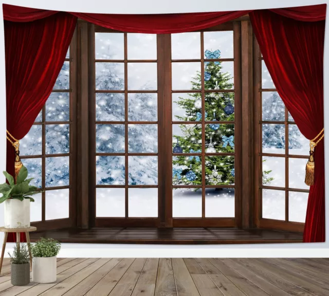 Winter Wooden Window Xmas Tree Tapestry Wall Hanging for Living Room Bedroom