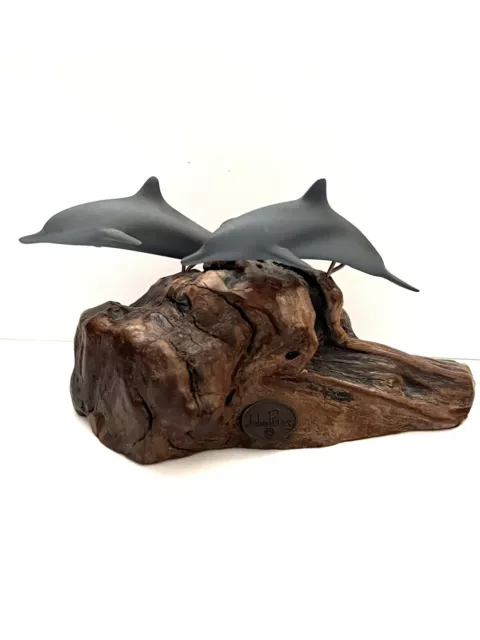 Vintage John Perry Sculpture,Two Gray Dolphins on Burl Wood Ocean Marine Life
