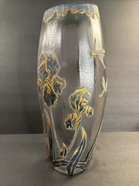 Antique Cameo Glass Vase/Art Nouveau/Legras/Enamel Blue Gold/France C.1910/Large