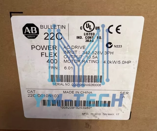 New Factory Sealed Allen-Bradley 22C-D010N103 PowerFlex 400 4 kW 5 HP AC Drive