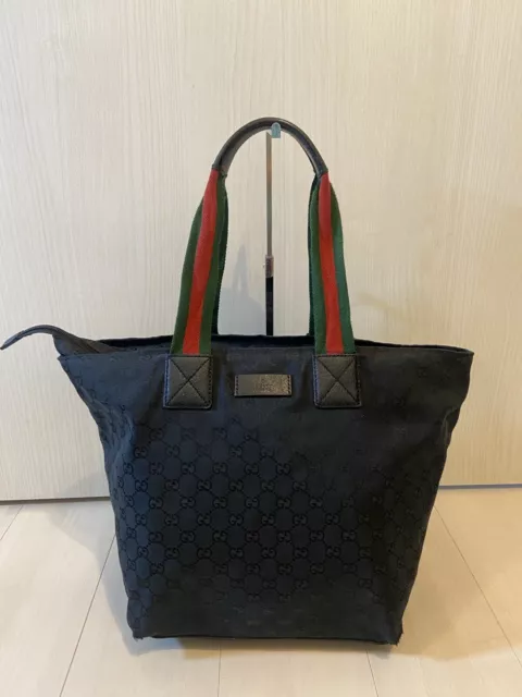 GUCCI Tote Bag Canvas GG Pattern Sherry Line Black Handbag Unisex Authentic