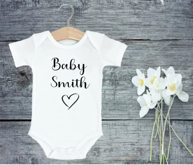 Personalised Custom Baby Name Vest heart Baby Grow Bodysuit Reveal Announcement