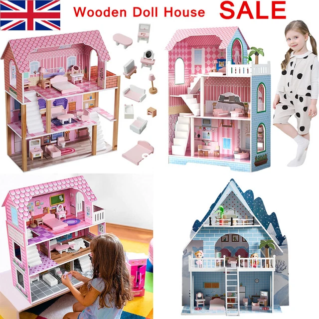 WOODEN DOLLS HOUSE Furniture Large Dollhouse Playset for Kids Role Play