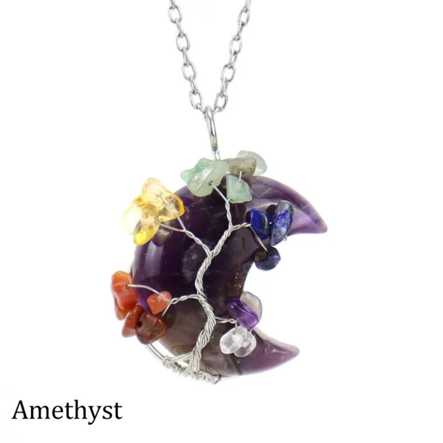 Tree of Life Moon Necklace Chakra Crystal Gem Stone Pendant Healing Amulet Reiki