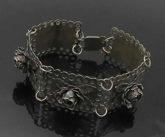 925 Sterling Silver - Vintage Hand Made Oxidized Rose Chain Bracelet - BT6807