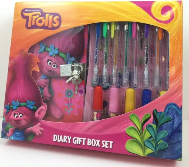 TROLLS Gift Set - Diary Set Gel Pens Felt Tips Lockable Notebook