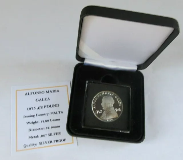 1975 Alfonso Maria Galea Silver Proof Malta £2 Coin With Box & Coa 2