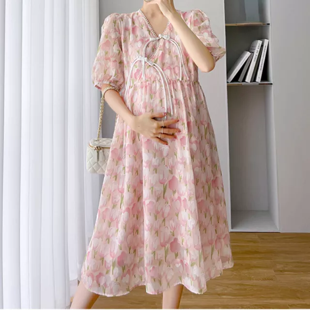 Pregnant Women Tulip Printed Chiffon Dress Floral V Neck Puff Sleeve Loose Midi