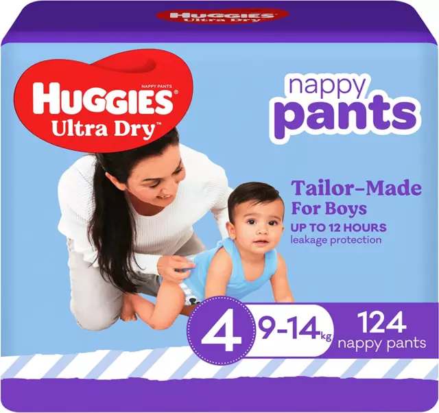 Huggies Ultra Dry Nappy Pants Boy Size 4 (9-14Kg) 124 Count (2 X 62 Pack) -New A