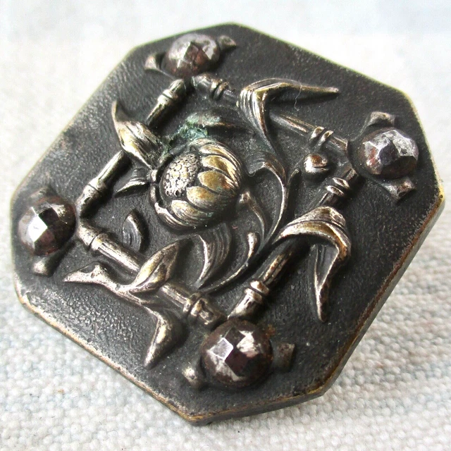 1 1/8" Square Antique Cast Brass Button w Cut Steels and Paris Backmark
