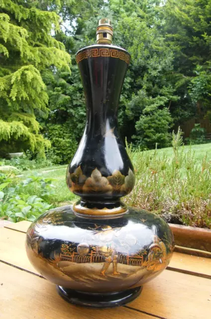 A VERY LARGE 50cm TALL CHINESE BLACK LACQUERED CHINOISERIE TABLE LAMP c1920