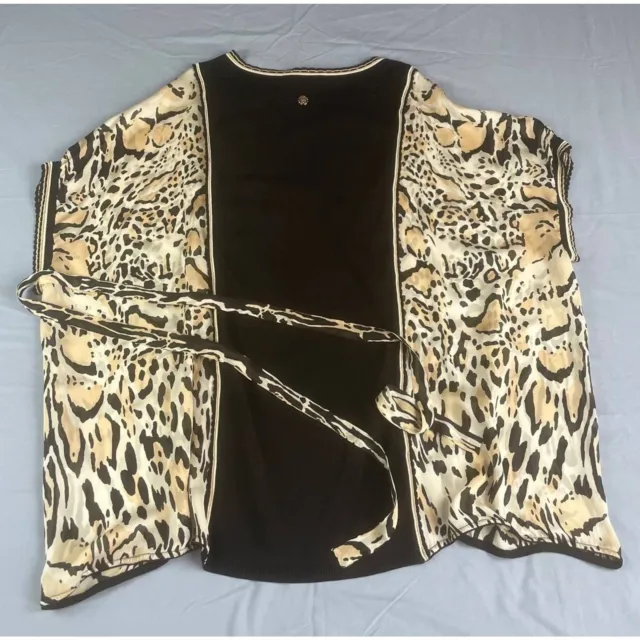 NWT Roberto Cavalli Leopard Silk Blouse Black Tan 3/4 Sleeve Size 46 US L FLAW