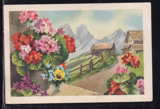 Cartolina Paesaggio di Montagna Fiori illustratore Bonelli YB522