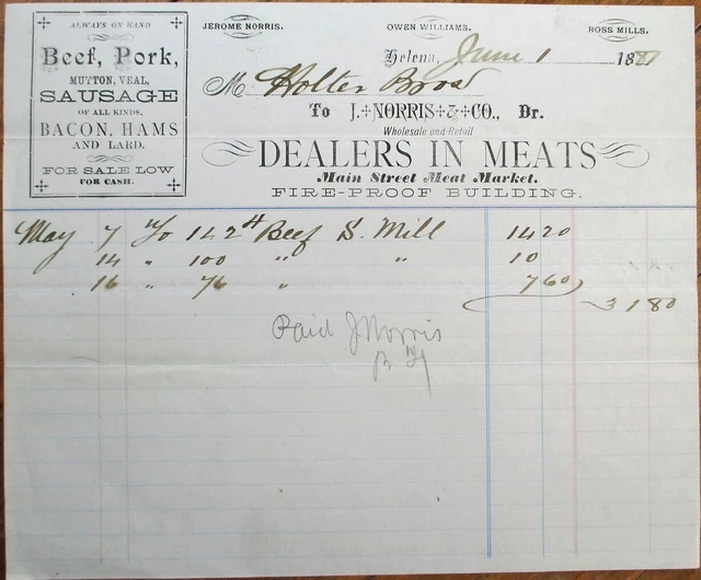 Helena, MT 1887 Letterhead: Butcher/Meat Dealer, J. Norris - Montana Territory