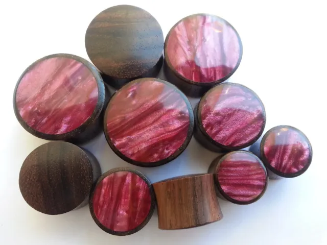 Pair Handmade Shiny Cloudy Red Resin Sono Wood Saddle Ear Plugs Tunnels Gauges