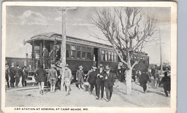 WW1 SOLDIERS ON TROLLEY CAR camp meade md original antique postcard station