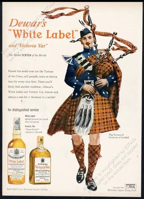 1948 Clan Cameron of Lochiel tartan bagpipes Dewar's Scotch vintage print ad