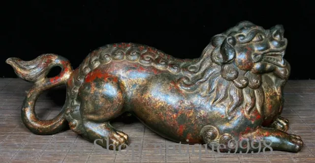 10.2'' Old Chinese Dynasty Bronze Foo Fu Dog Guardion  Lion Animal Statue