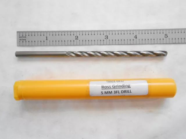 New Ross Usa 5Mm Dia. X 3-1/4" Fl. X 5" Oal Solid Carbide 15Xd 3 Flute Drill Bit