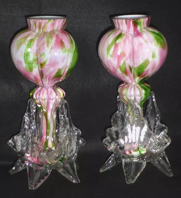 Rare Antique Bohemian Welz Aventurine Spatter Glass Tri-lobe Heart Vases c1890